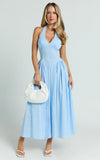 Athena Midi Dress Halter Drop Waist Dress in Blue
