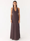 Float Away Maxi Dress Chocolate Blue Dot