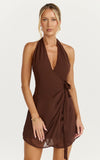 Eva Mini Dress Plunge Halter Wrap Dress in Chocolate