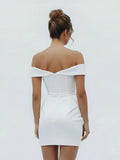 Sheath Off the Shoulder Satin Simple Wedding Dress Sleeveless Short Hemline