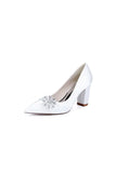Black Satin High Heels with a Crystal Flower Accent