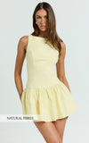 Izira Mini Dress Boat Neck Drop Waist Shift Dress in Butter Yellow
