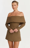 Marigold Mini Dress Off Shoulder Long Sleeve Dress in Mocha