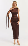 Astrid Midi Dress One Shoulder Contrast Satin Dress in Chocolate