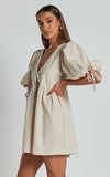 Rosita Mini Dress Tie Front Puff Sleeve Dress in Stone