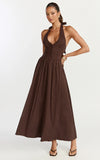 Everly Midi Dress Tie Halter Neck Button Down Bodice Fit And Flare Dress in Chocolate