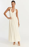 Everly Midi Dress Tie Halter Neck Button Down Bodice Fit And Flare Dress in Cream