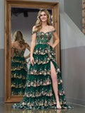 Green Princess A Line Off the Shoulder Corset Prom Dress with Lace Ruffles