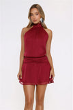 Flirty Halter Shimmer Mini Dress Wine