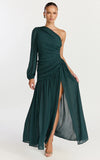 Grittah Maxi Dress One Shoulder Bishop Sleeve High Split Ruched Dress in Emerald