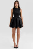 black backless embroidered mini puffball dress