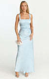 Rumi Midi Dress Rushed Bodiest Satin Dress in Pale Blue