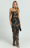 Sienna Maxi Dress 3D Floral Strapless Column Dress in Black