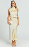 Minnie Midi Dress Drape Neck Satin Slip Dress in Butter Yellow