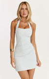 Karina Mini Dress Halter Neck Princess Panel Tucked Waist Dress in Blue