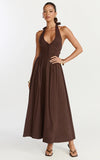 Everly Midi Dress Tie Halter Neck Button Down Bodice Fit And Flare Dress in Chocolate