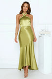 Moonlit Petal Kiss Satin Halter Maxi Dress Olive