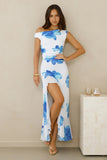 Masquerade Muse One Shoulder Mesh Maxi Dress Blue