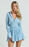 Valerie Mini Dress Collared Long Sleeve Waist Shirt Dress in Pale Blue