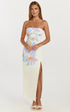Astra Midi Dress Strapless Split Leg Column Dress in Astra Posey Floral Print