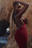 wine draped halter neck maxi dress