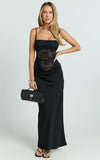 Rania Maxi Dress Contrast Lace Bodice Bias Cowl Drop Waist Dress in Black