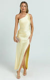 Isla Maxi Dress Satin One Shoulder Side Split Dress in Lemon