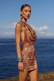 LOTUS HALTER COWL MINI DRESS TAN VIPER
