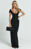 Veronika Maxi Dress Off Shoulder Plunge High Split Dress in Black
