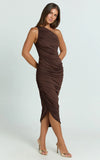 Lovlin Midi Dress One Shoulder Ruched Dress in Chocolate