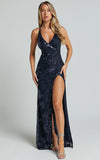 Out Till Dawn Maxi Dress Thigh Split Dress in Navy Sequin