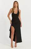 Lani Midi Dress Scooped Neckline Draped Skirt Halter Dress in Black