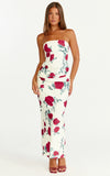 Dahlia Midi Dress Strapless Draped Cowl Waist Fitted Dress in Scarlet Rose Print
