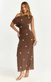 Cia Maxi Dress Tipped Shoulder Linen Polkadot Dress in Chocolate