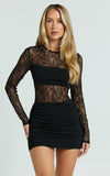 Imelda Mini Dress Contrast Lace Long Sleeve Ruched Bodycon Dress in Black