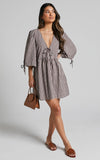 Rosita Mini Dress Tie Front Puff Sleeve Dress in Brown and White Check