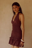 FLEUR SHIRRED HALTER MINI DRESSS CHOCOLATE