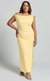 Cincinnati Midi Dress Off The Shoulder Side Split Column Linen Dress in Lemon