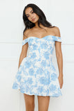 Dewy Blossom Off Shoulder Mini Dress Blue