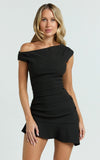 Goldie Mini Dress Tipped Off Shoulder Cap Sleeve Ruched Fitted Ruffle Hem Skirt Dress in Black