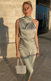 Minnie Midi Dress Drape Neck Satin Slip Dress in Sage