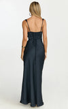 Rumi Midi Dress Rushed Bodiest Satin Dress in Navy