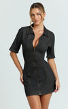 Tessie Mini Dress Zip Front Collared Denim Mini Dress in Black