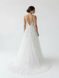 A Line V Back Long White Wedding Dress with Lace Appliqued