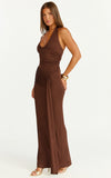 Dixie Maxi Dress Plunge Halter Low Back Dress in Chocolate