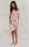 Lila Maxi Dress Cowl Neck Asymmetric Frill Skirt Dress in Toile De Joie Print