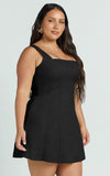Adiana Mini Dress Linen Square Neck Shirred Back A Line Dress in Black