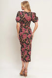 ROSE PUFF SLEEVE FITTED MIDI DRESS