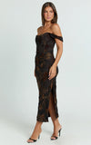 Karlene Midi Dress Ruched Corset Burnout Dress in Black and Brown