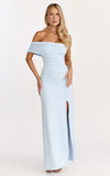 Opal Maxi Dress Off Shoulder Gathered Bodice Fit And Flare Dress in Blue